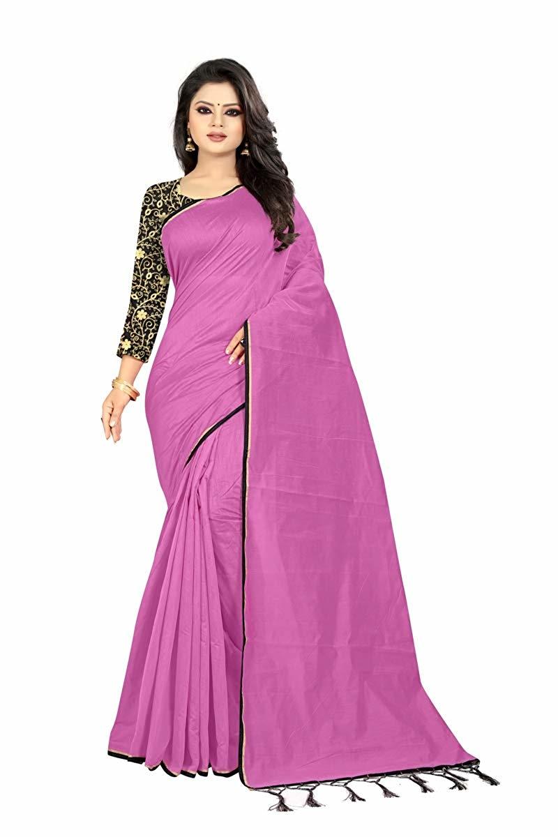 Doriya Cotton Saree - 5.5 Mtr Length 0.8 Mtr Blouse | Plain Pattern Features Piping & Jhalar In Red White Pink Green
