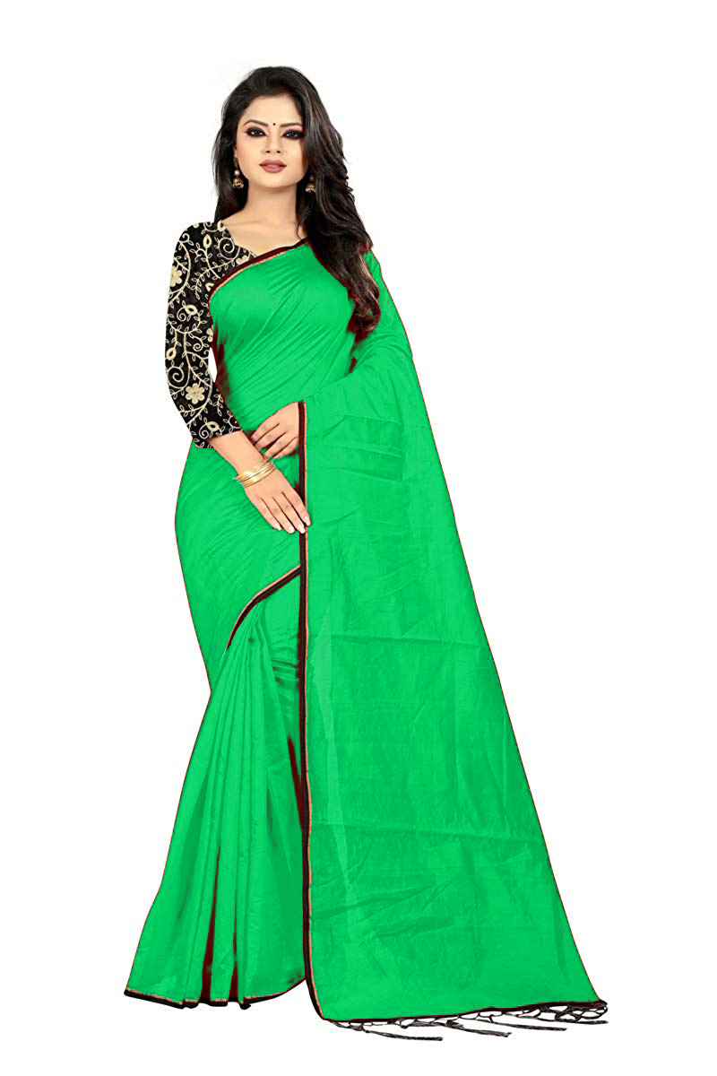 Doriya Cotton Saree - 5.5 Mtr Length 0.8 Mtr Blouse | Plain Pattern Features Piping & Jhalar In Red White Pink Green