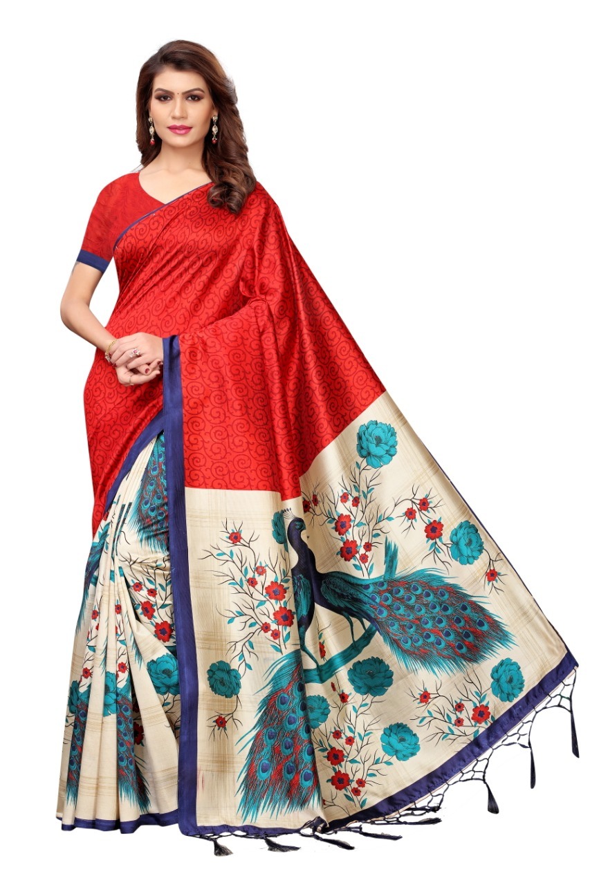 Mysore Silk Saree - Cotton Silk Fabric, 5.5 Mtr Length, 0.8 Mtr Blouse | Red-pink Printed Design With Bead Closure