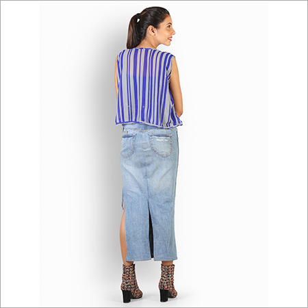 Denim Ankle Length Skirt - Quick Dry, Casual Blue Design With Side Slit And Full Sleeve Style