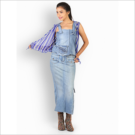 Denim Ankle Length Skirt - Quick Dry, Casual Blue Design With Side Slit And Full Sleeve Style