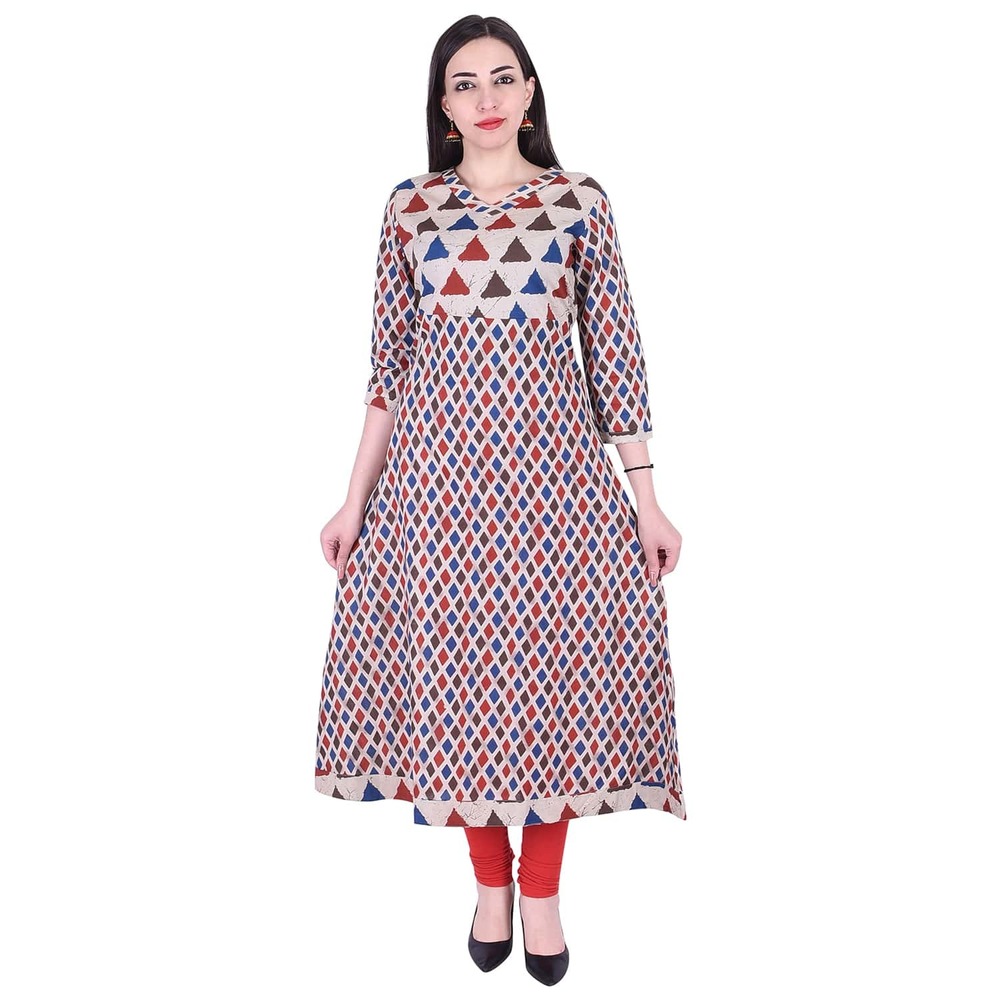 Cotton Kurti - Triangle A Line Design, 3/4th Sleeve, Round Neck, Unique Printed Pattern, Breathable Fabric, Available in Sizes M to XXXL, Must-Have Wardrobe Essential