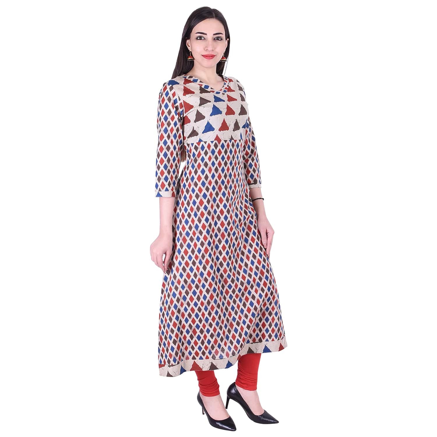 Cotton Kurti - Triangle A Line Design, 3/4th Sleeve, Round Neck, Unique Printed Pattern, Breathable Fabric, Available In Sizes M To Xxxl, Must-have Wardrobe Essential