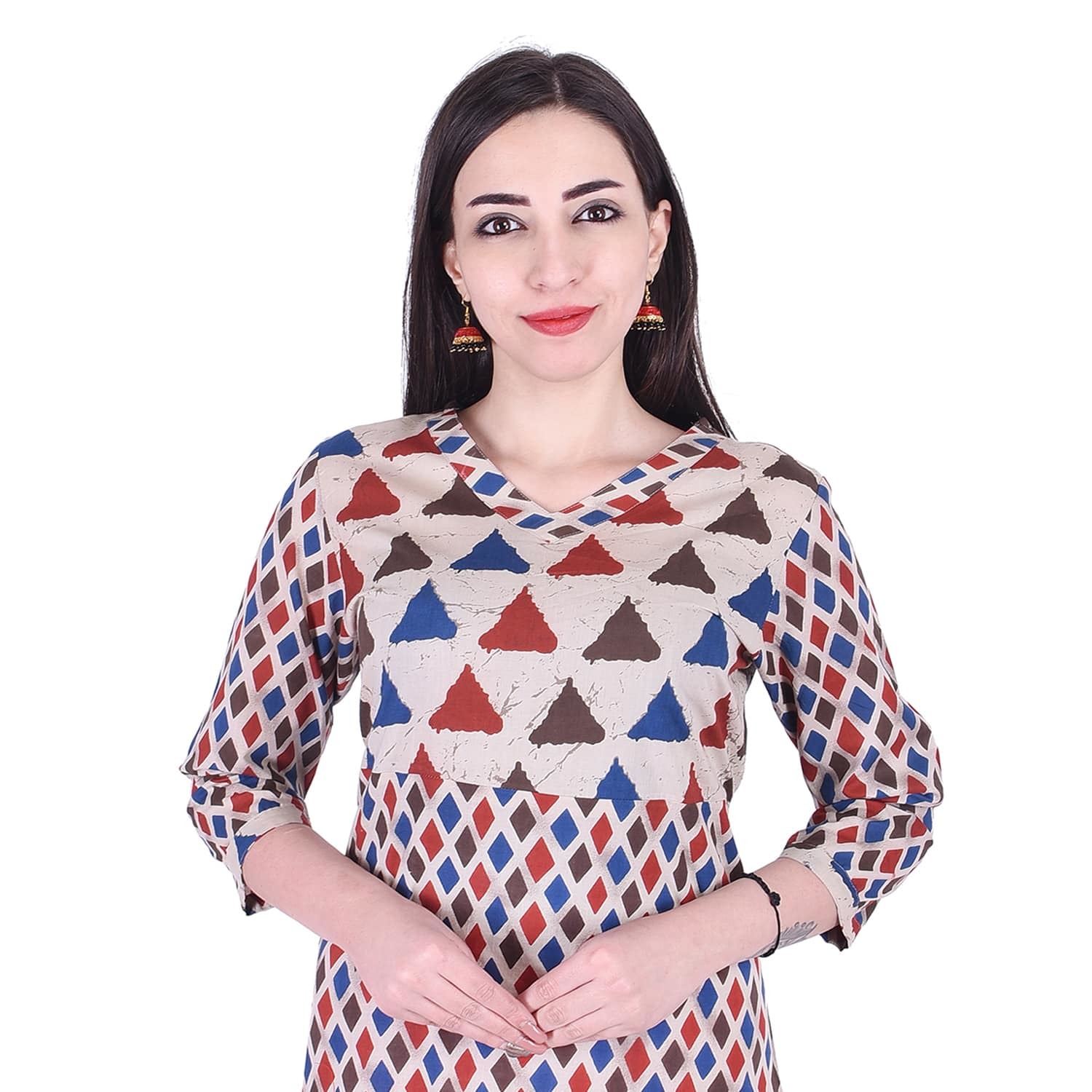 Cotton Kurti - Triangle A Line Design, 3/4th Sleeve, Round Neck, Unique Printed Pattern, Breathable Fabric, Available In Sizes M To Xxxl, Must-have Wardrobe Essential