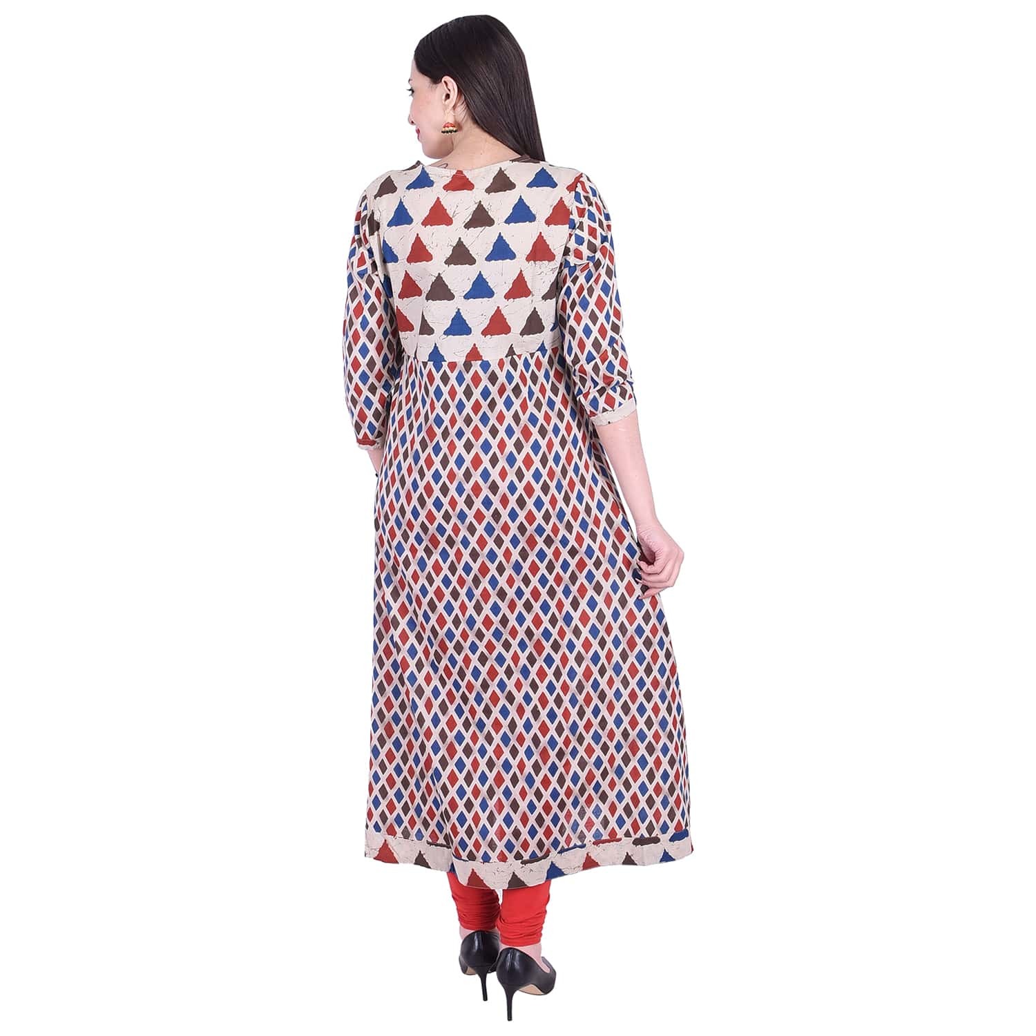 Cotton Kurti - Triangle A Line Design, 3/4th Sleeve, Round Neck, Unique Printed Pattern, Breathable Fabric, Available In Sizes M To Xxxl, Must-have Wardrobe Essential