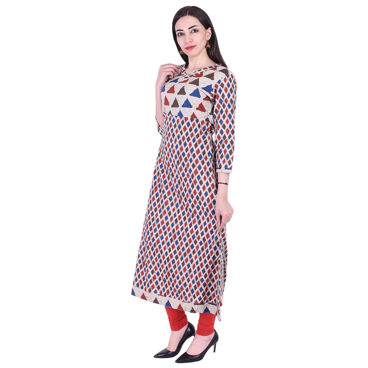 Cotton Kurti - Triangle A Line Design, 3/4th Sleeve, Round Neck, Unique Printed Pattern, Breathable Fabric, Available In Sizes M To Xxxl, Must-have Wardrobe Essential
