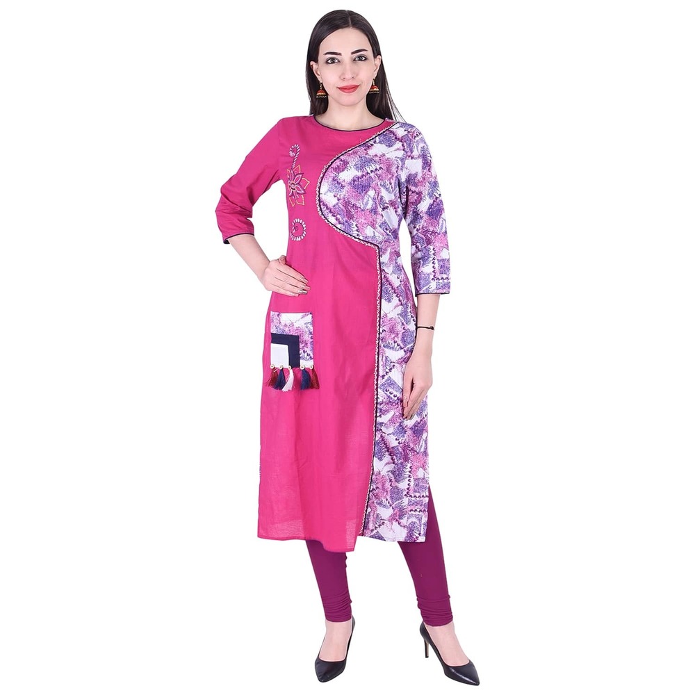 Cotton Kurti - 46 Inch Length, Bust Size 38-44 Inch | Pink & Blue Dyed, Hand Embroidery, Kantha Work, Ready-to-Wear Comfort