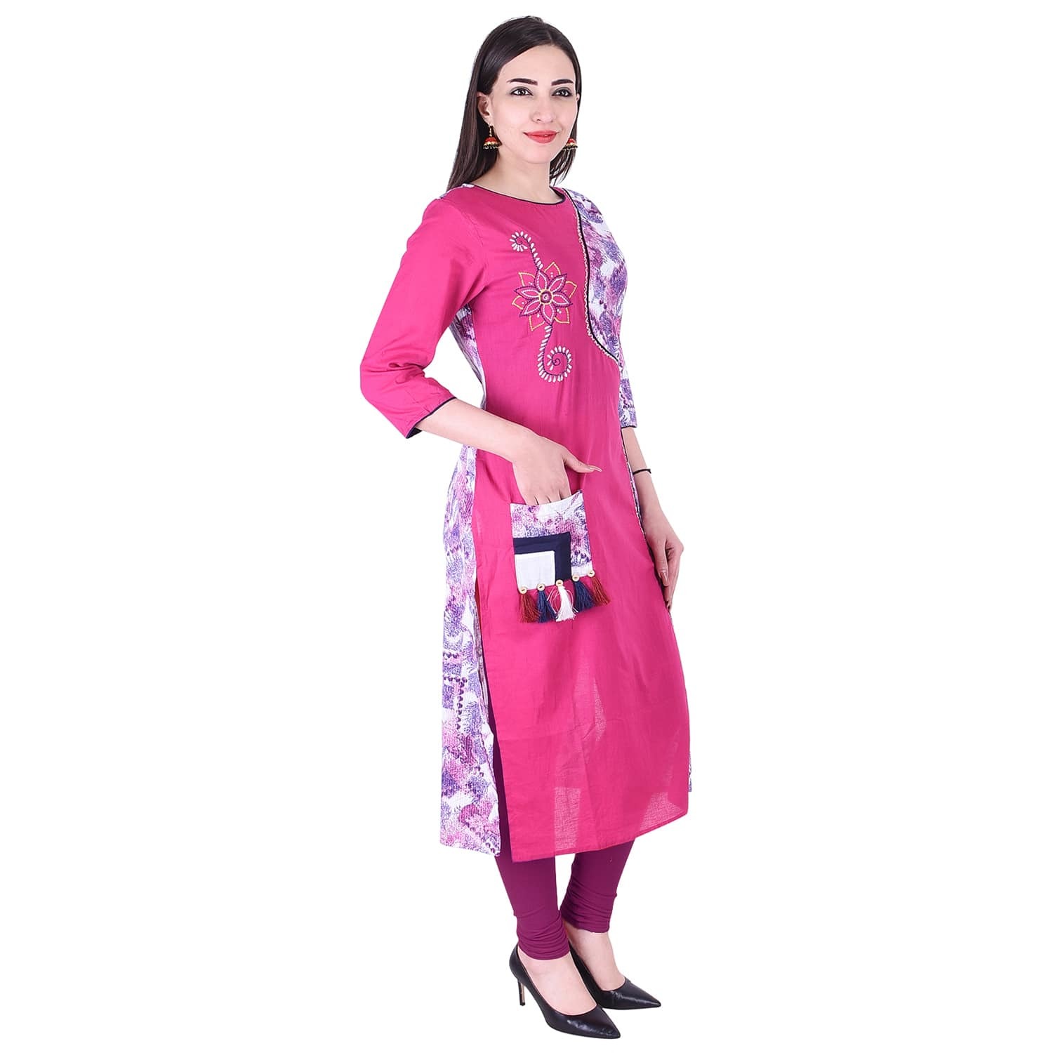 Cotton Kurti - 46 Inch Length, Bust Size 38-44 Inch | Pink & Blue Dyed, Hand Embroidery, Kantha Work, Ready-to-wear Comfort