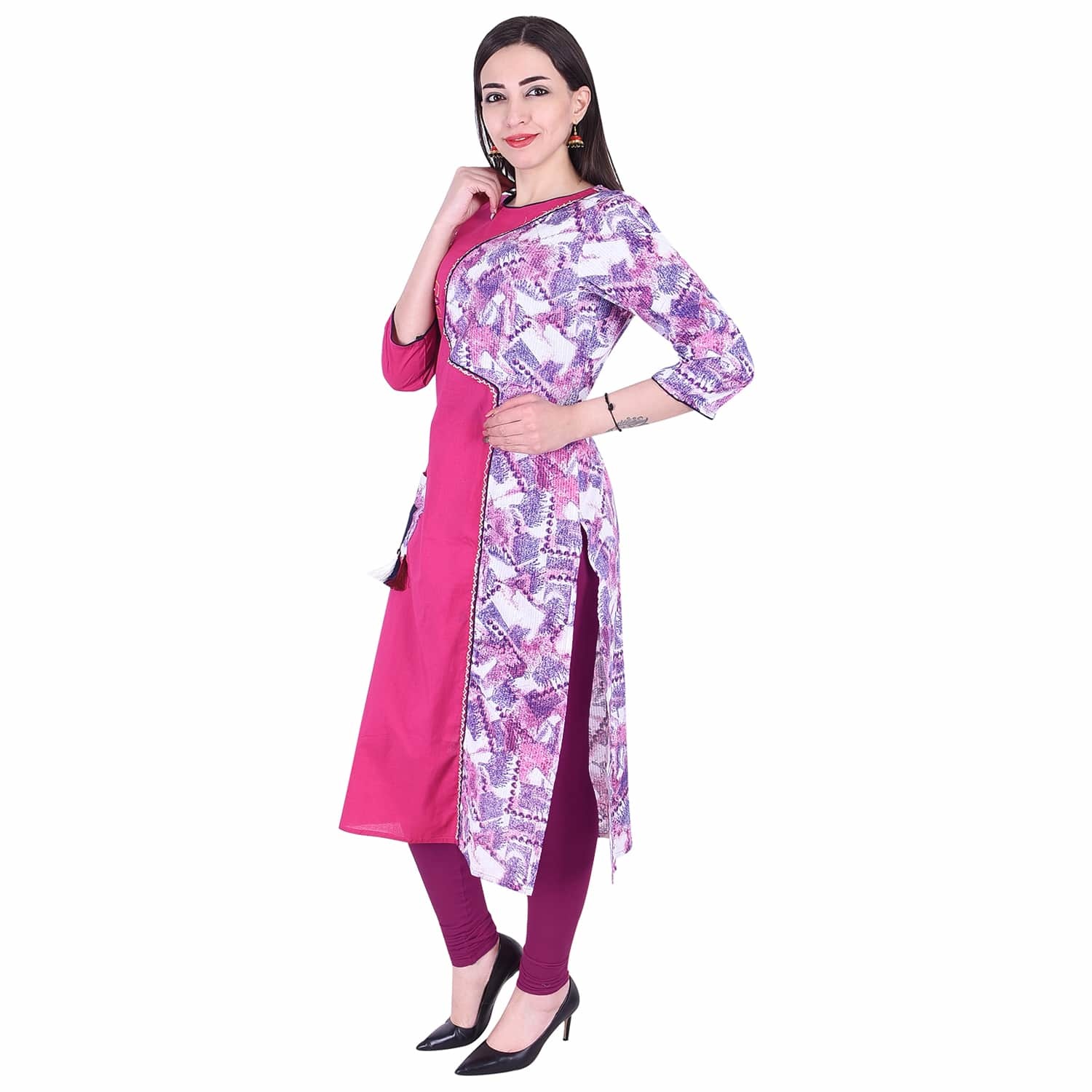 Cotton Kurti - 46 Inch Length, Bust Size 38-44 Inch | Pink & Blue Dyed, Hand Embroidery, Kantha Work, Ready-to-wear Comfort