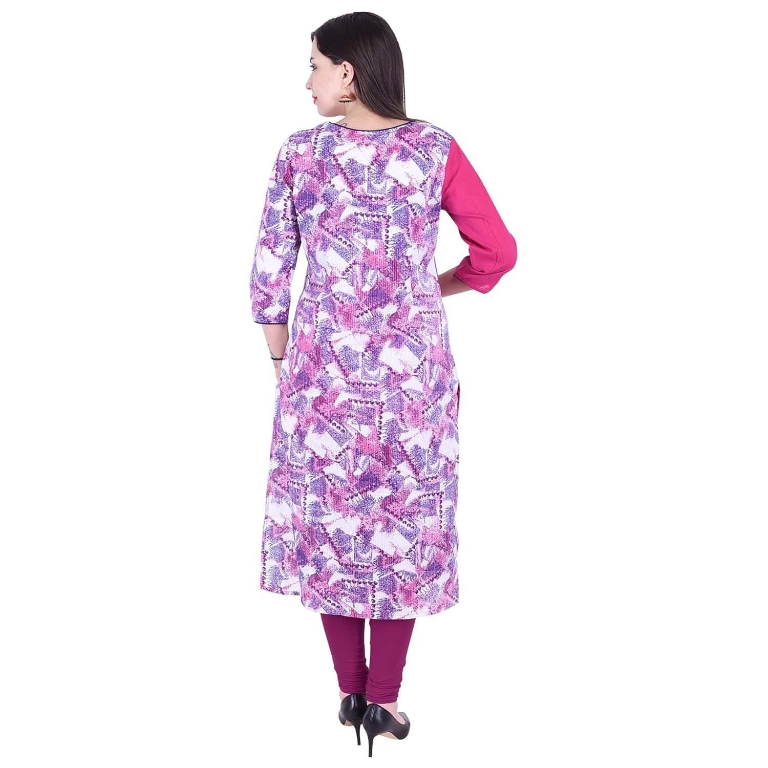 Cotton Kurti - 46 Inch Length, Bust Size 38-44 Inch | Pink & Blue Dyed, Hand Embroidery, Kantha Work, Ready-to-wear Comfort