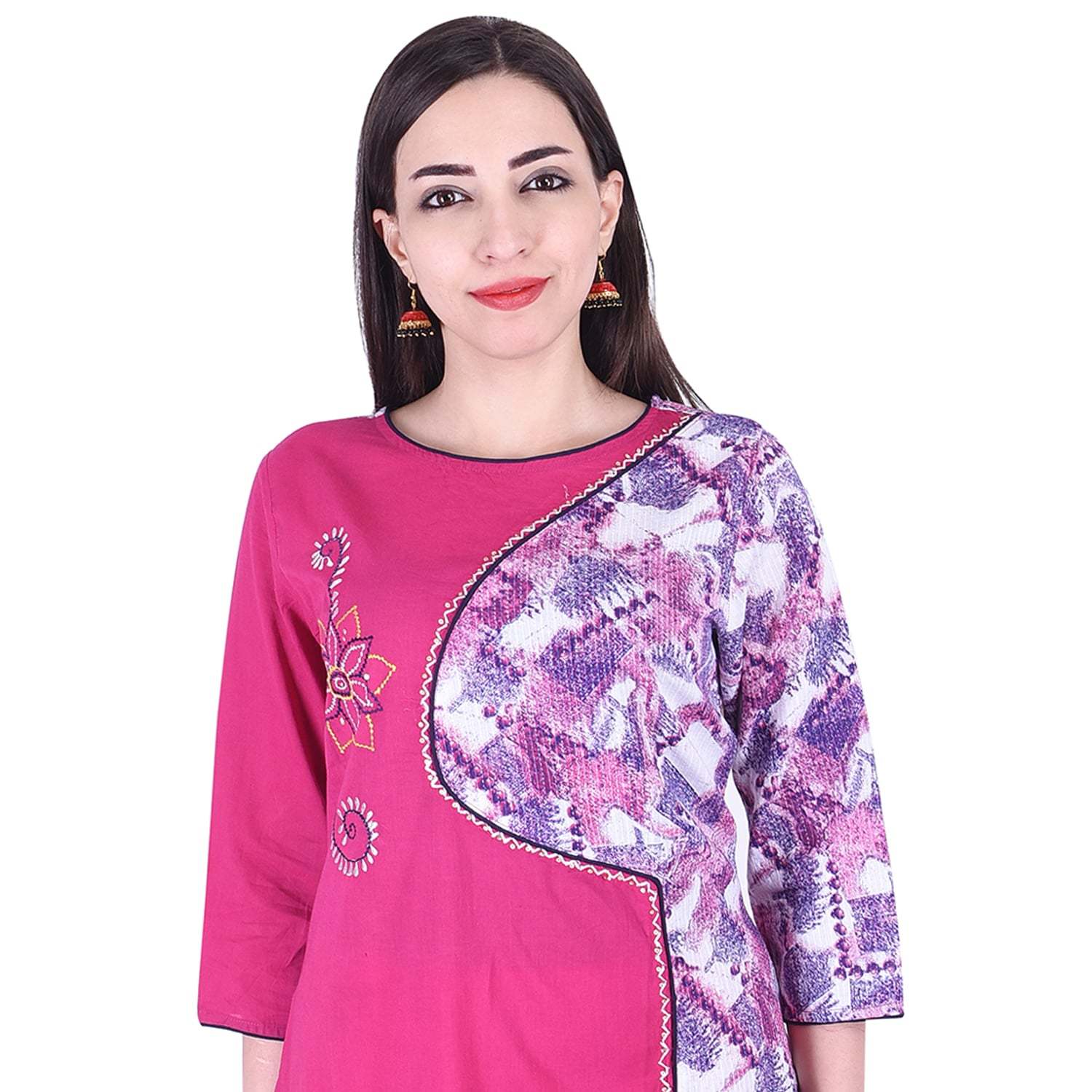 Cotton Kurti - 46 Inch Length, Bust Size 38-44 Inch | Pink & Blue Dyed, Hand Embroidery, Kantha Work, Ready-to-wear Comfort