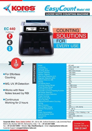 Durable Koras Easy Count 440 Currency Counting Machine