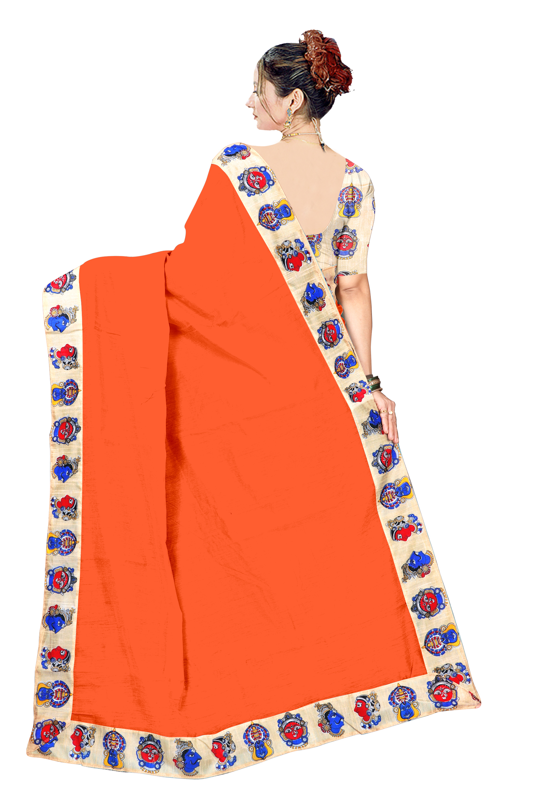 New Chiku Design Chanderi Saree - Cotton Silk, 5.5 Mtr Length, 0.8 Mtr Blouse | White, Orange, Red, Blue, Violet - Lace Closure, Plain Pattern, Indian Style
