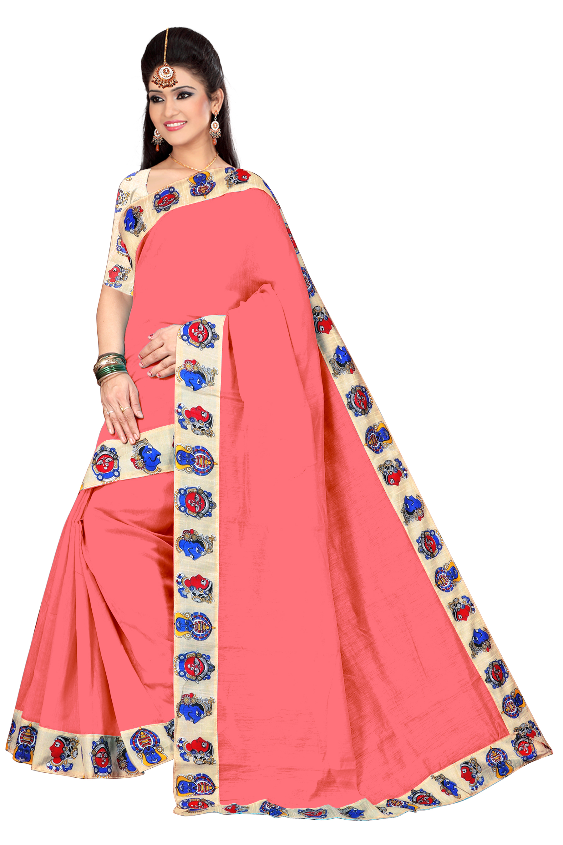 New Chiku Design Chanderi Saree - Cotton Silk, 5.5 Mtr Length, 0.8 Mtr Blouse | White, Orange, Red, Blue, Violet - Lace Closure, Plain Pattern, Indian Style