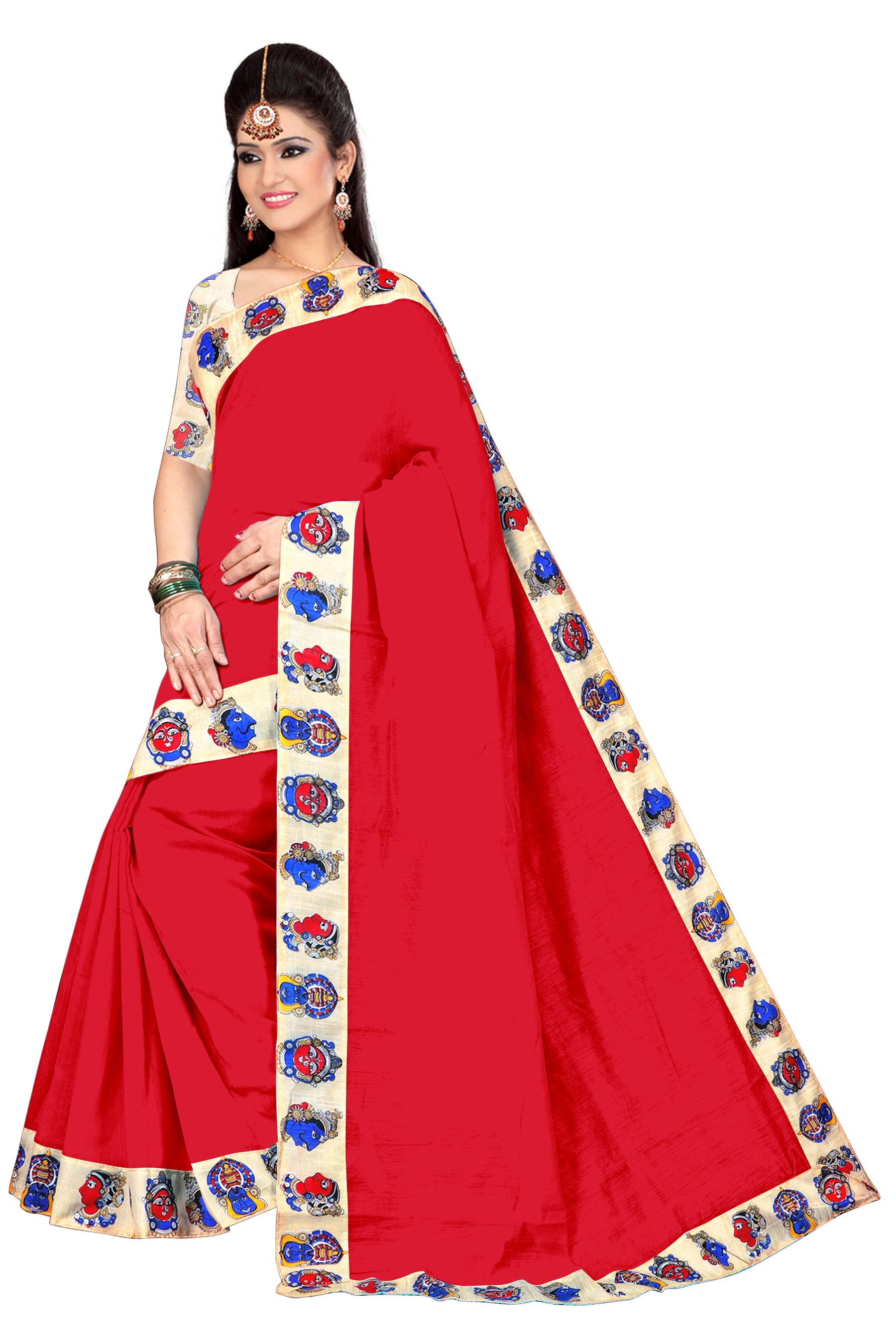 New Chiku Design Chanderi Saree - Cotton Silk, 5.5 Mtr Length, 0.8 Mtr Blouse | White, Orange, Red, Blue, Violet - Lace Closure, Plain Pattern, Indian Style