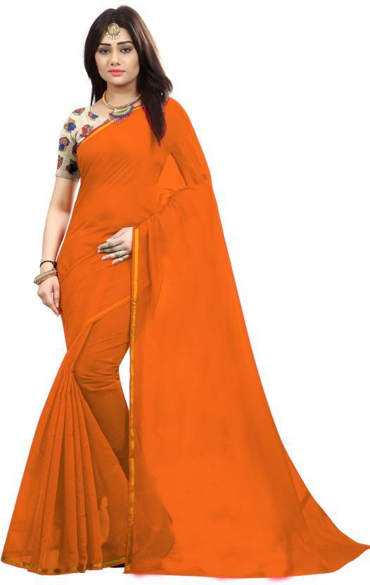 New Design Chanderi Plain Saree - Cotton Silk, 5.5 Mtr Length, Blouse 0.8 Mtr | Color Options: Pink, Black, White, Yellow, Orange, Plain Pattern