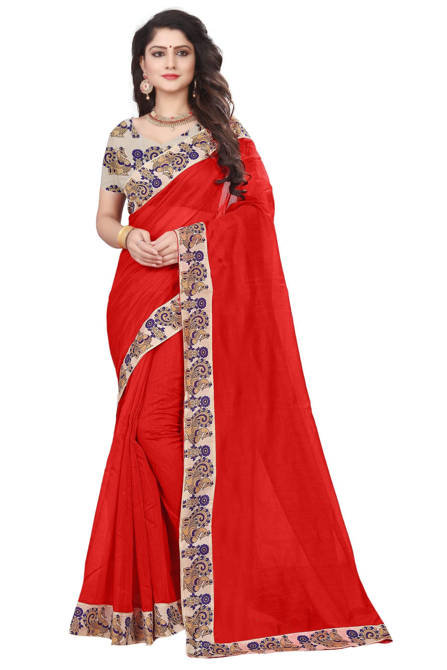New Design Plain Chanderi Saree - Cotton Silk, 5.5 Mtr Length, Blue/orange/red/rani/chiku/yellow Color | Features: Plain Pattern, Lace Closure, 0.8 Mtr Blouse