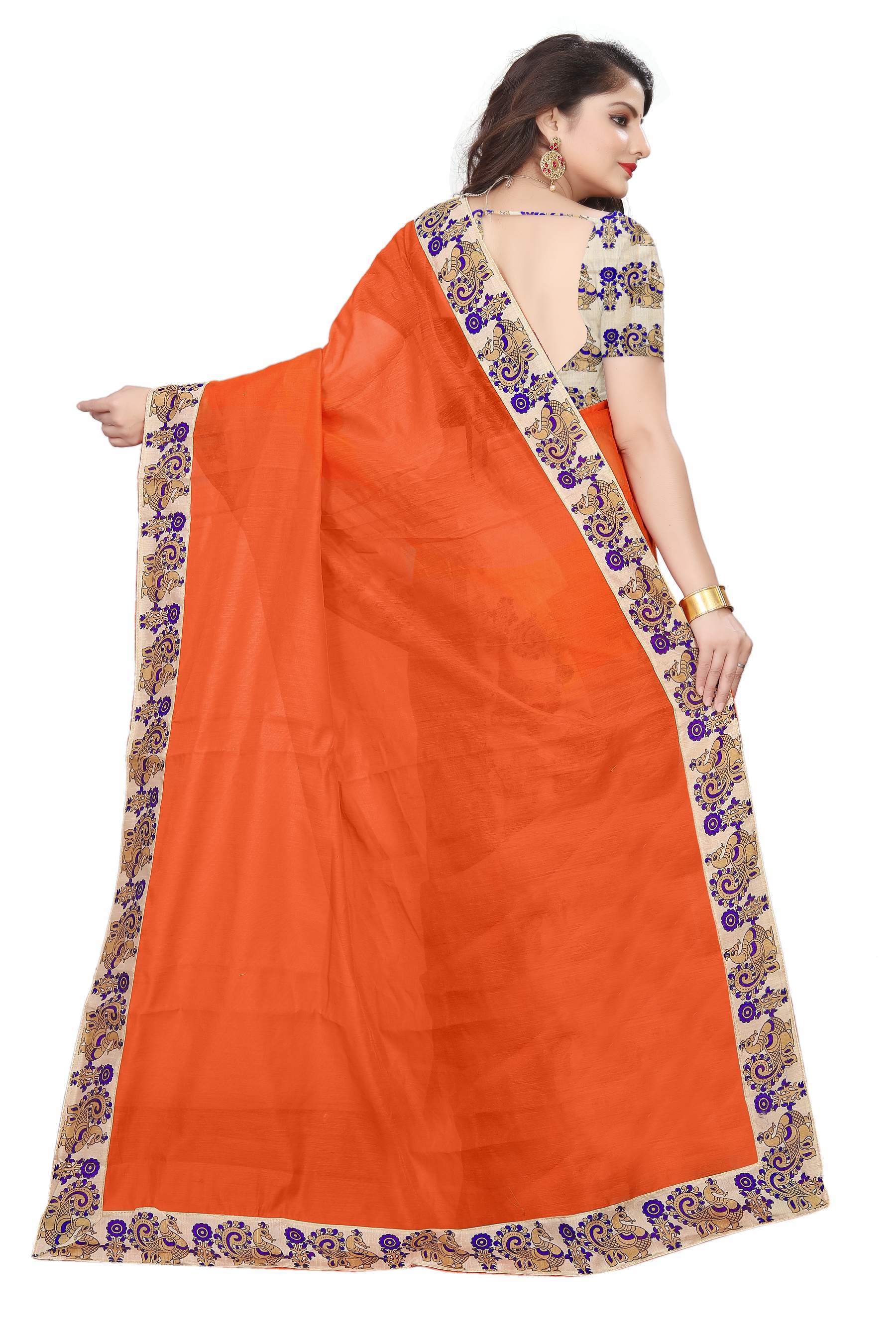 New Design Plain Chanderi Saree - Cotton Silk, 5.5 Mtr Length, Blue/orange/red/rani/chiku/yellow Color | Features: Plain Pattern, Lace Closure, 0.8 Mtr Blouse