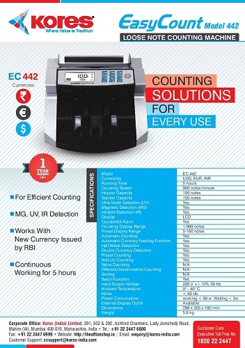 Kores Easy Count 442 Currency Counting Machine - Counting Speed: 1000 Notes/minute