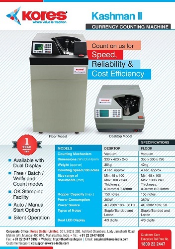 Durable Koras Kashman Ii Desktop Model (Currency Counting Machine )