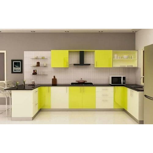 U Shaped Modular Kitchen - Plywood Carcase, Acrylic Door Panels, Yellow Color | Spacious Design, Easy Installation, Smooth Finish, Granite Countertop
