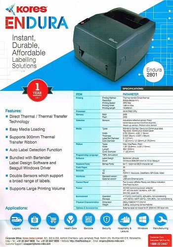 Kores End-ura Barcode Label Printer 2801 - Automatic Grade: Automatic