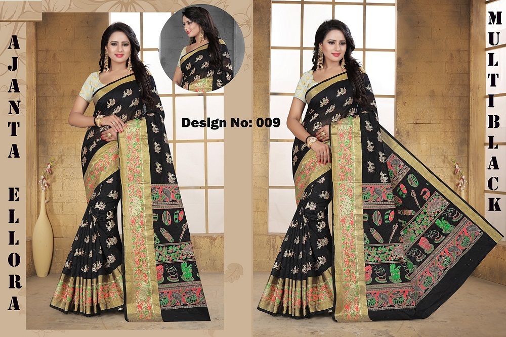 Ajanta Elora Poly Silk Saree - 5.5 Mtr Length, 0.8 Mtr Blouse | Handprinted, Art Silk, Multi-color Design, Hand Embroidery On Rich Fabric