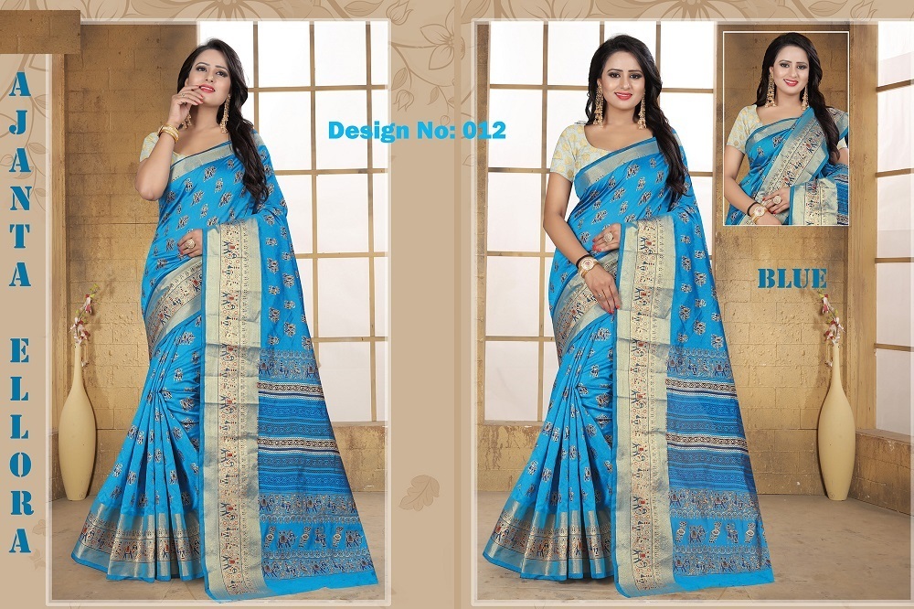 Ajanta Elora Poly Silk Saree - 5.5 Mtr Length, 0.8 Mtr Blouse | Handprinted, Art Silk, Multi-color Design, Hand Embroidery On Rich Fabric