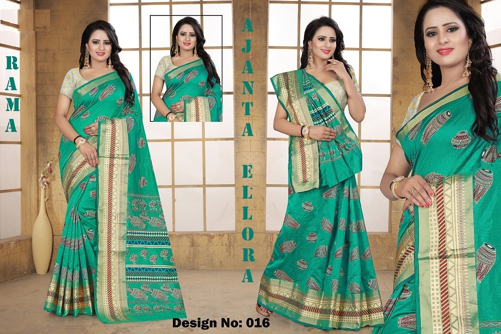Ajanta Elora Poly Silk Saree - 5.5 Mtr Length, 0.8 Mtr Blouse | Handprinted, Art Silk, Multi-color Design, Hand Embroidery On Rich Fabric