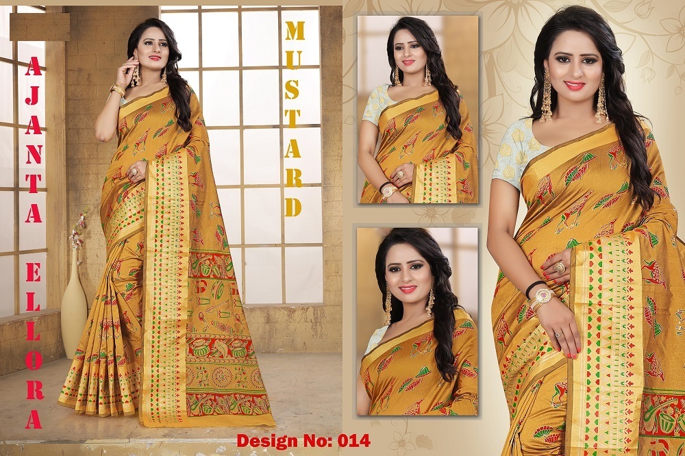Ajanta Elora Poly Silk Saree - 5.5 Mtr Length, 0.8 Mtr Blouse | Handprinted, Art Silk, Multi-color Design, Hand Embroidery On Rich Fabric