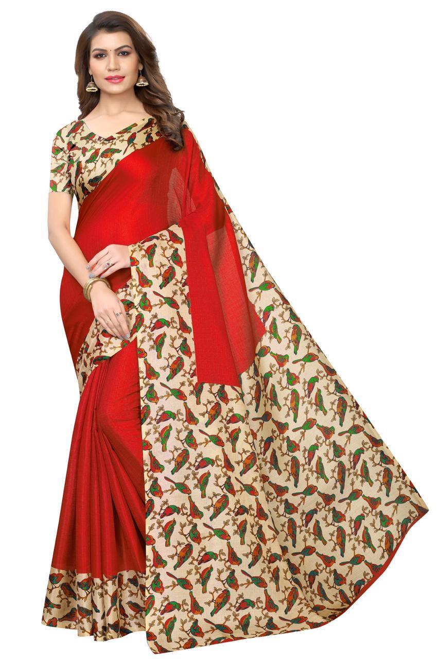 Fancy Silk Sarees - Khadi Silk, 5.5 Mtr Length, Green, Red, Orange, Pink | Plain Pattern, Comfortable Quality Fabric, Includes 0.80 Mtr Blouse