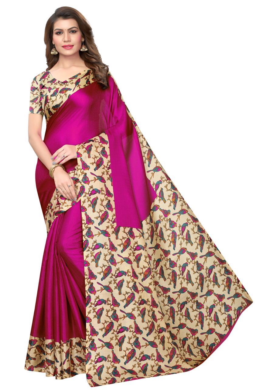 Fancy Silk Sarees - Khadi Silk, 5.5 Mtr Length, Green, Red, Orange, Pink | Plain Pattern, Comfortable Quality Fabric, Includes 0.80 Mtr Blouse