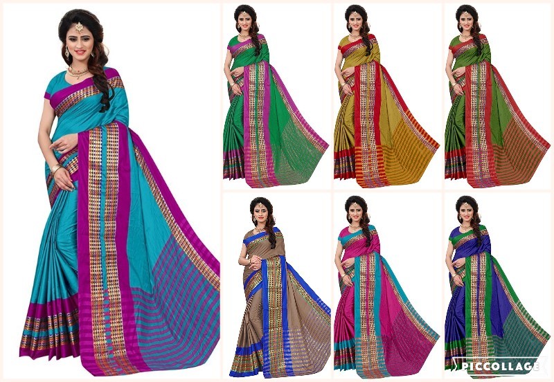 Dhwani Poly Cotton Saree - Jacquard Fabric, Length 5.5 Mtr, Blouse Length 0.8 Mtr | Multi-color, Cotton Silk Blend, Plain Pattern