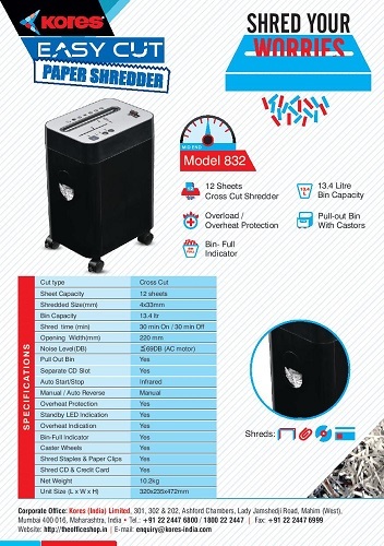 Kores Easy Cut 832 Paper Shredder - 320x235x472 Mm, 10.2 Kg Weight, 15.9 Ltrs Bin Capacity | Cross-cut, 12 Sheets Capacity, Overload Protection, Caster Wheels