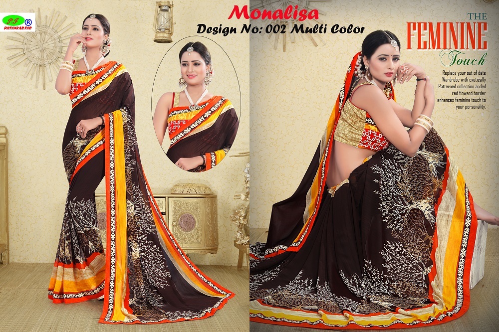 Grorgette Chiffon Saree - Fancy Poly Chiffon, 5.5 Mtr Length, Multi Colour, Lace Closure, Printed Pattern, 0.8 Mtr Blouse Included