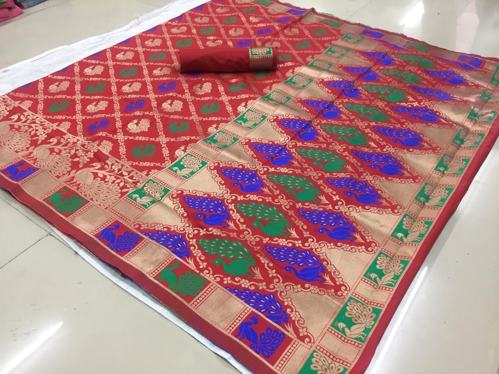 Red Mayuri Banarasi Silk Saree
