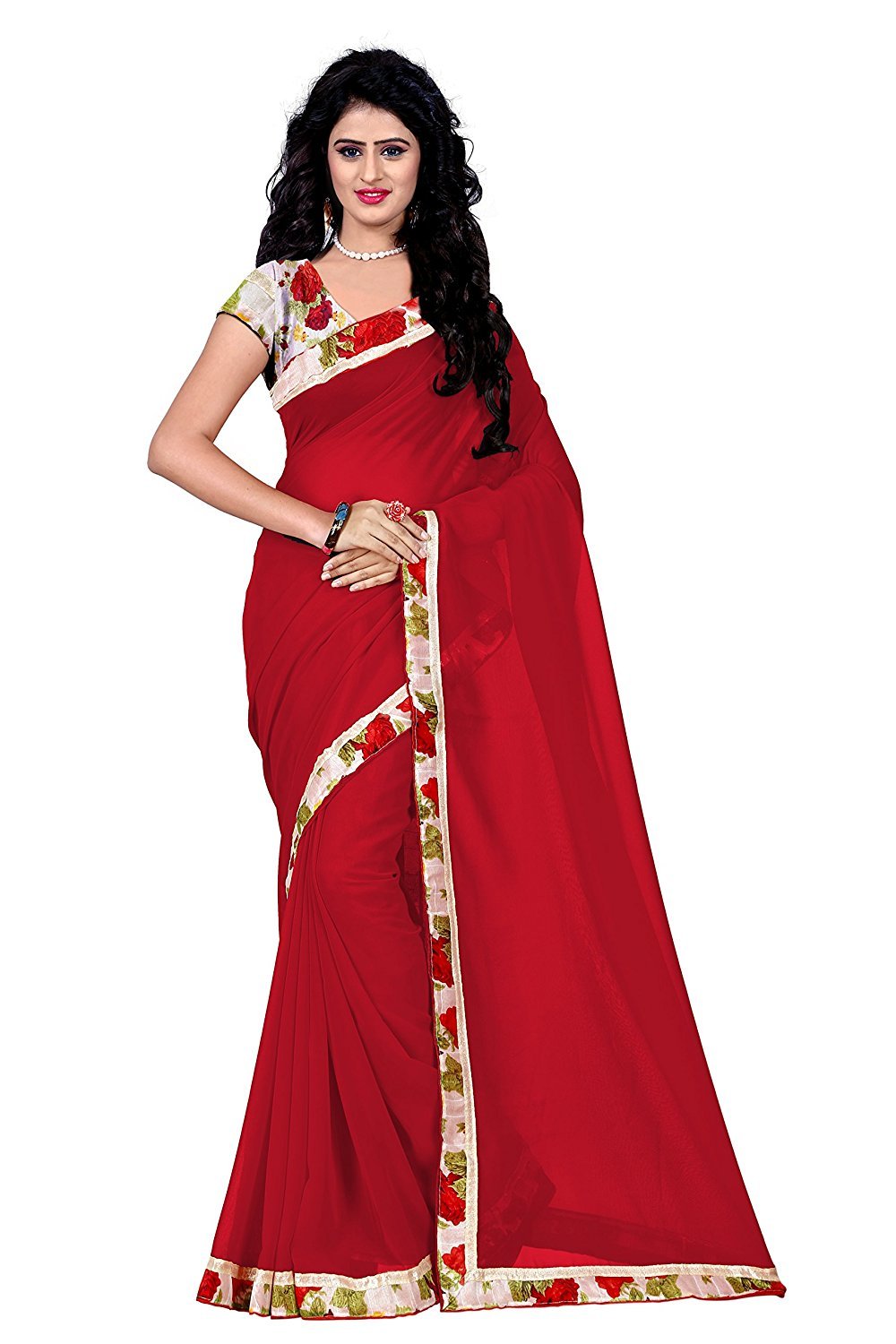 Georgette Saree - Cotton Silk, Length 5.5 Mtr, Blouse Length 0.8 Mtr | Deep Pink And Red, Plain Pattern With Stone Work