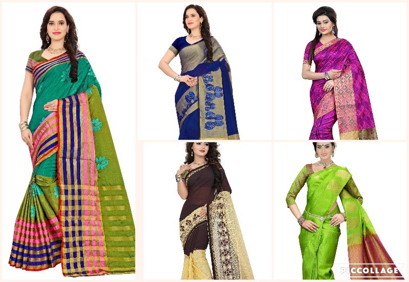 Khubsurat Saree - Soft Cotton Silk 5.5 Mtr Length Multi-color Printed Pattern Patch Work Design Perfect For Festive Occasions