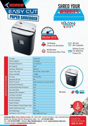 Kores Paper Shredder 872 - Application: Paper/credit Cards/1 Cd