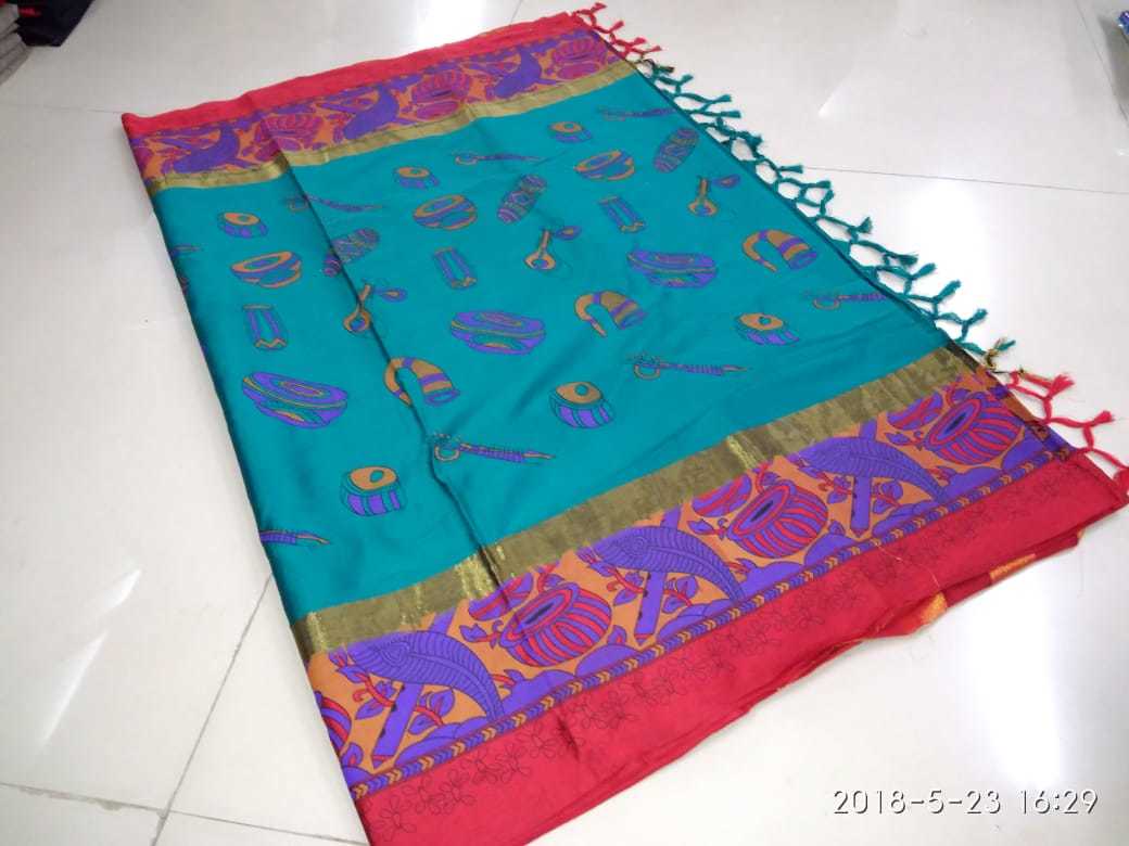 Cotton Silk Saree - 5.5 Mtr Length, Ribbons Closure | Printed Fabric In Orange, Pink, Blue, Green, Light Green, Rama