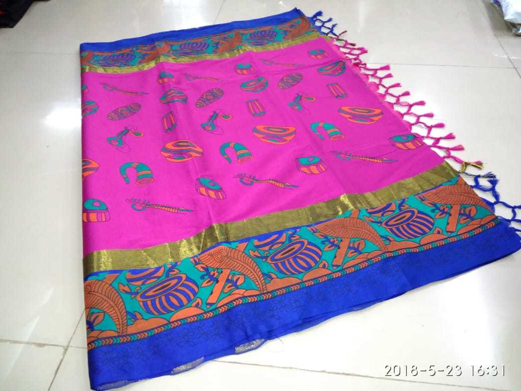 Cotton Silk Saree - 5.5 Mtr Length, Ribbons Closure | Printed Fabric In Orange, Pink, Blue, Green, Light Green, Rama