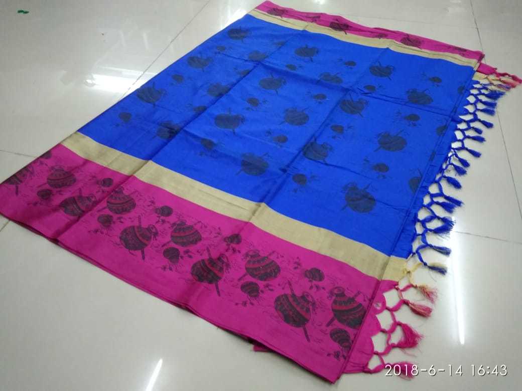 New Design Jhalar Saree - Cotton Silk, Length 5.5 Mtr, Blouse Length 0.8 Mtr | Printed Pattern, Colors: White, Blue, Green, Pink, Red, Sky Blue