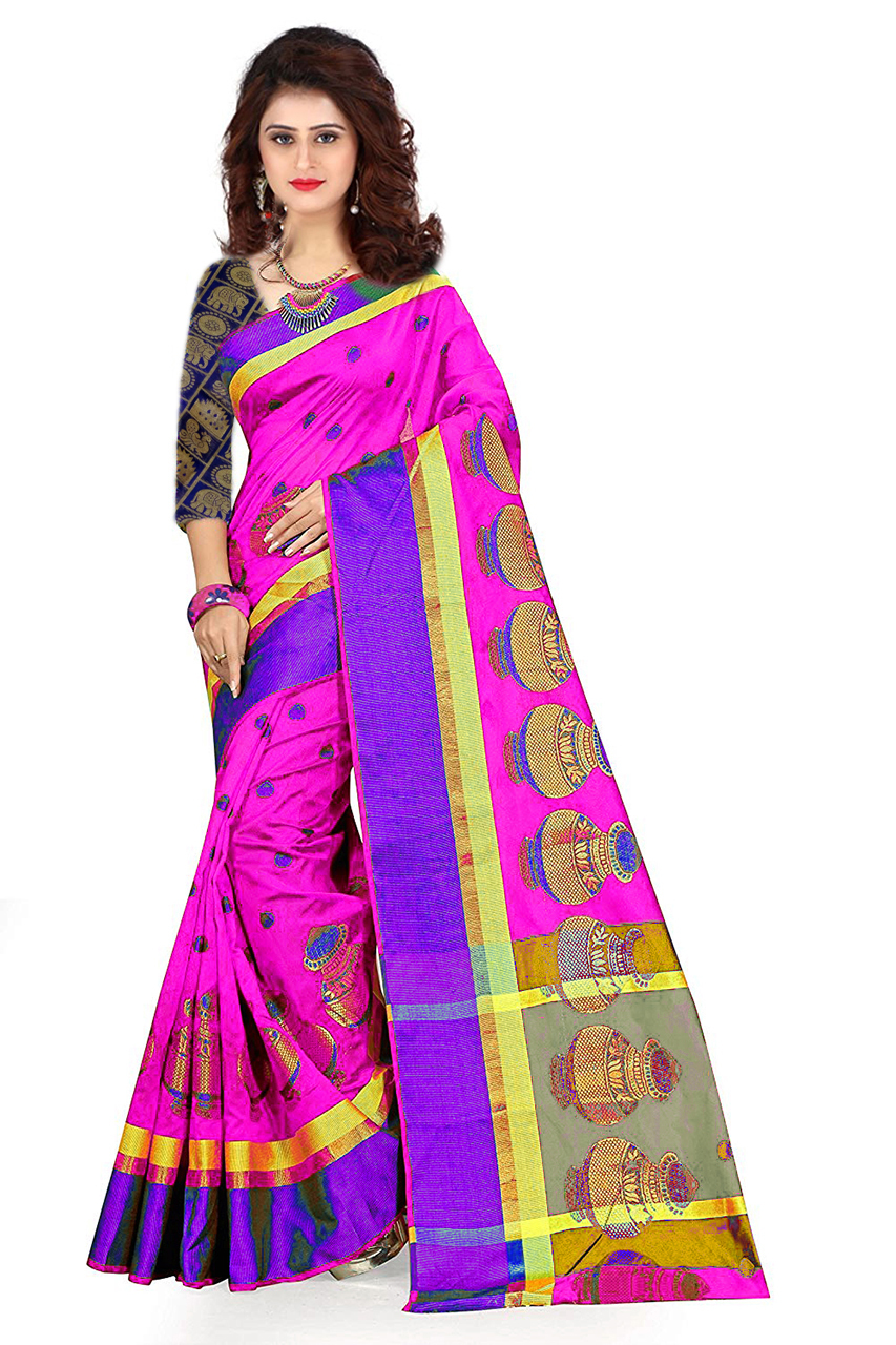 Matka Jacquard Silk Saree - 5.5 Mtr Length, 0.8 Mtr Blouse | Multi-color Cotton Silk With Printed Pattern And Stone Work
