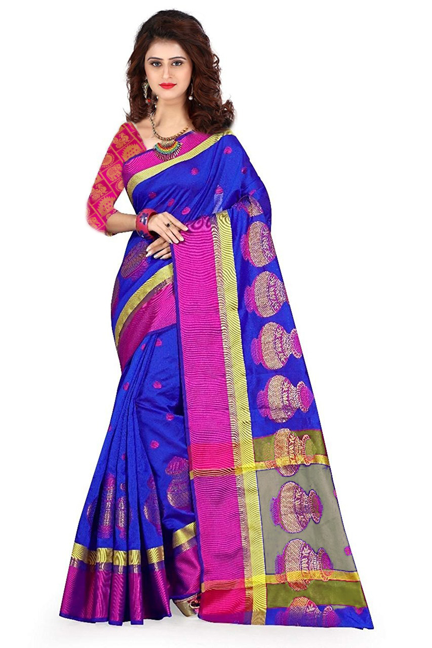 Matka Jacquard Silk Saree - 5.5 Mtr Length, 0.8 Mtr Blouse | Multi-color Cotton Silk With Printed Pattern And Stone Work