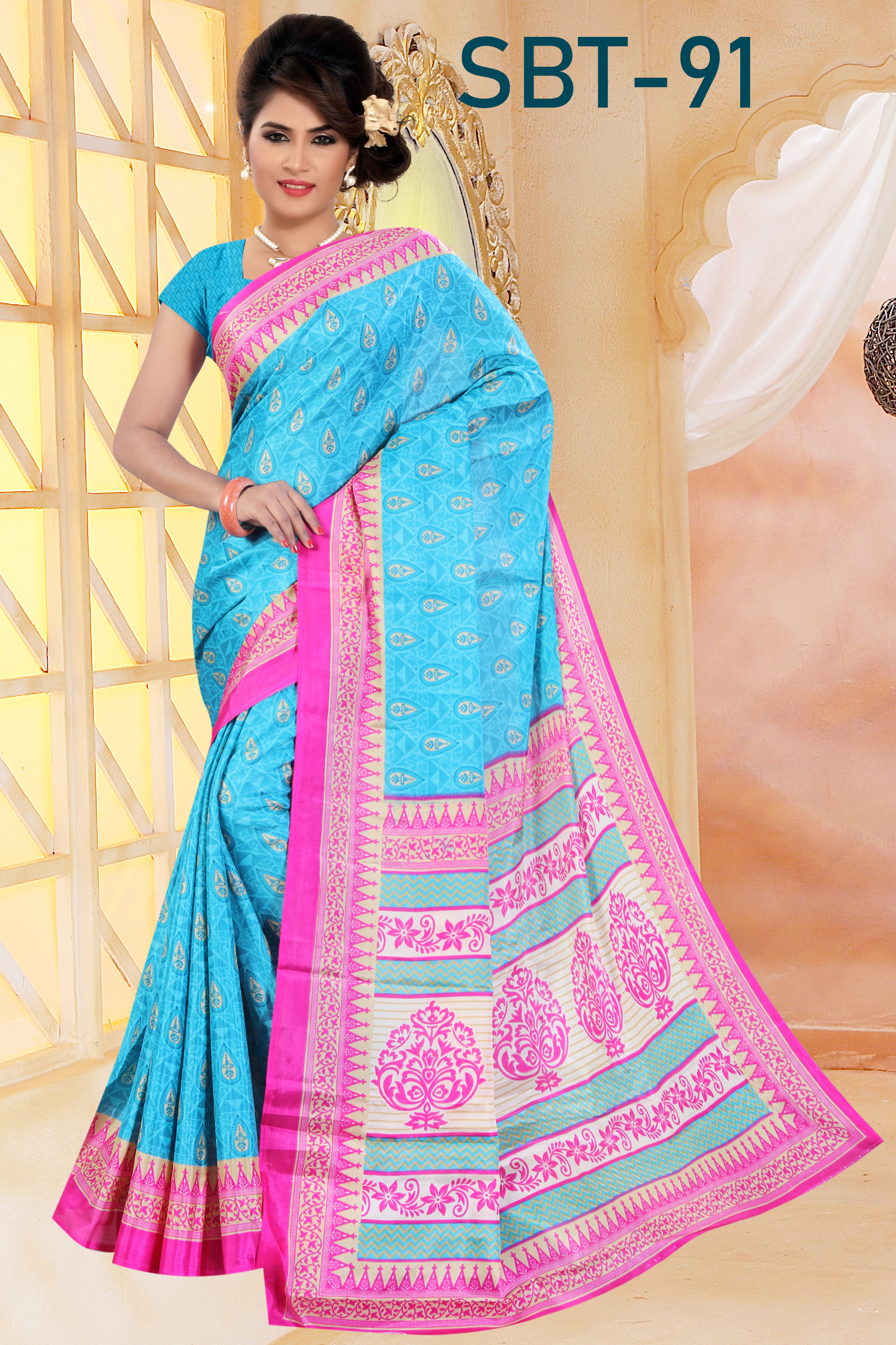New Light Weight Silk Saree - 5.5 Mtr Length, 0.8 Mtr Blouse | Multi Color, Brocade Fabric, Printed Pattern, Lahenga Style With Beads And Stone Work