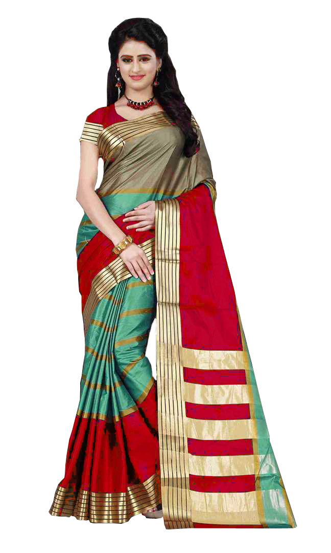 Fancy Topdy Saree - Cotton Silk, 5.5 Mtr Length, Multi Color | Laces Closure, Plain Pattern, 0.8 Mtr Blouse Length, Indian Style