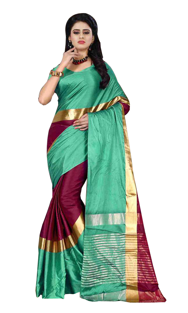 Fancy Topdy Saree - Cotton Silk, 5.5 Mtr Length, Multi Color | Laces Closure, Plain Pattern, 0.8 Mtr Blouse Length, Indian Style