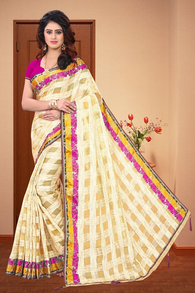 Riya Organza Check Saree - Jacquard Fabric, 5.5 Mtr Length, Multi-color With Printed Pattern And Patch Work Design
