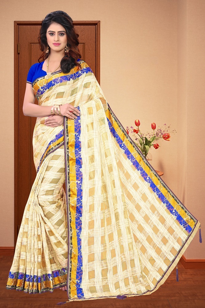 Riya Organza Check Saree - Jacquard Fabric, 5.5 Mtr Length, Multi-color With Printed Pattern And Patch Work Design