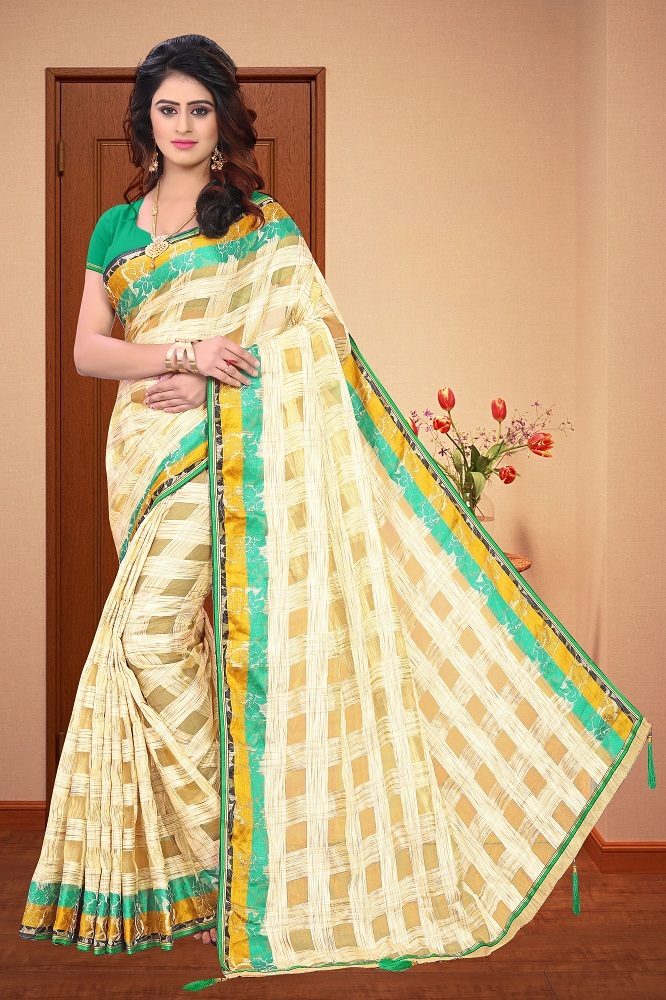 Riya Organza Check Saree - Jacquard Fabric, 5.5 Mtr Length, Multi-color With Printed Pattern And Patch Work Design